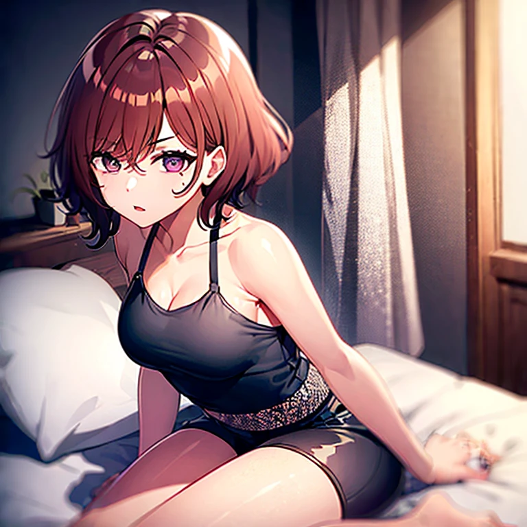 ultradetail(eye:1.7),highest quality、4K quality、on the bed、beautiful cleavage、disheveled clothing、slender、Humiliated face、doggypose、Show your shorts