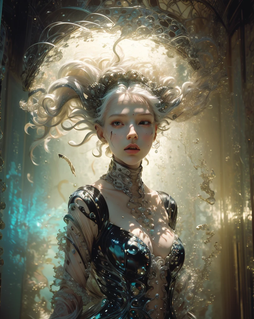 photo RAW, (white, silver: Portrait of an albino girl with an octopus head with a small octopus swimming in the head, shiny aura, highly detailed, octopus features, intricate motifs, organic tracery, background is holographic water, glowing stardust by W. Zelmer, perfect composition, smooth, sharp focus, sparkling particles, lively coral reef background Realistic, realism, hd, 35mm photograph, 8k), masterpiece, award winning photography, natural light, perfect composition, high detail, hyper realistic cinematic photo RAW candid close up photo of an ethereal neural network organism with a glittering pearl octopus helmet, holographic color, waterdrops, divine (octopus:2 girl:0.3, white hair:0.5 biomorph), glass skeleton, skinless:3, biomechanical details, (empty background), natural lighting, (sharp focus, hyper detailed, highly intricate), . Extremely high-resolution details, photographic, realism pushed to extreme, fine texture, incredibly lifelike,35mm photograph, film, professional