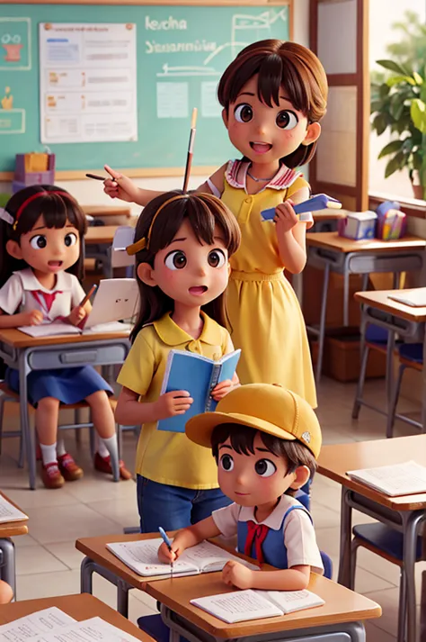 Children in a classroom in Brazil carrying out an educational assessment with a teacher guiding them