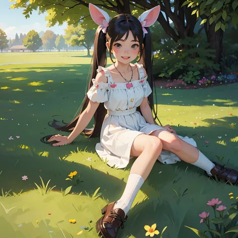 (photorealistic:1.37)、octane rendering、Morning park、Walk with a rabbit doll、Girl has twin tail hairstyle and smiles、Bright color...