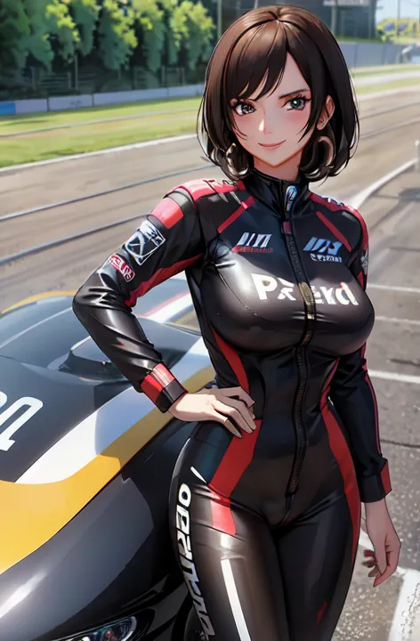 1 lady standing alone, /(grid girl/) /(logo racing suit/) emulsion, adult, /(brown hair/) bangs, blushing kind smile, (masterpie...