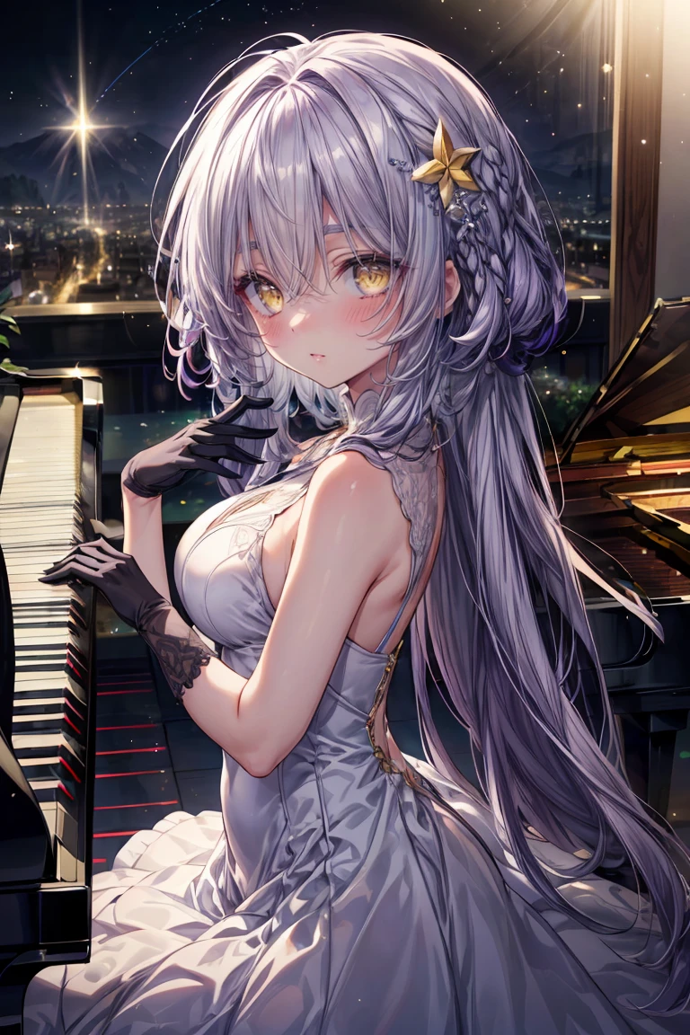 ((8K masterpiece,highest quality)), ultra high resolution, hyper detail, (1 girl), beautiful face, beautiful and delicate eyes, Big eyes,shining eyes of light,Thin and long eyelashes,((purple hair)),((yellow eyes)),(Drooping eyelashes),(long hair),(straight hair),big breasts,thin waist,white dress,White pumps,silver hair ornament,Expressionless,(sleepy face),small blush,((fondling)),(troubled eyebrows),((White world)),(White world観),particles of light,(Fantastic worldview),((piano)),(the keyboard is in front of the girl),temple,(star),惑star,((glove)),particles of light,motion blur,written boundary depth,spectacular panoramic view,angle from the side