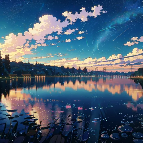 high-quality masterpieces, 4k，8k，landscape, cloud, anime train passing through a body of water on distant tracks, bright starry ...