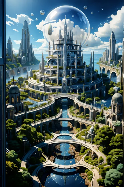 BJ_City_of_Wisdom, outdoors, sky, day, cloud, water, tree, blue_sky, no_humans, building, scenery, bubble, city, fantasy, bridge...