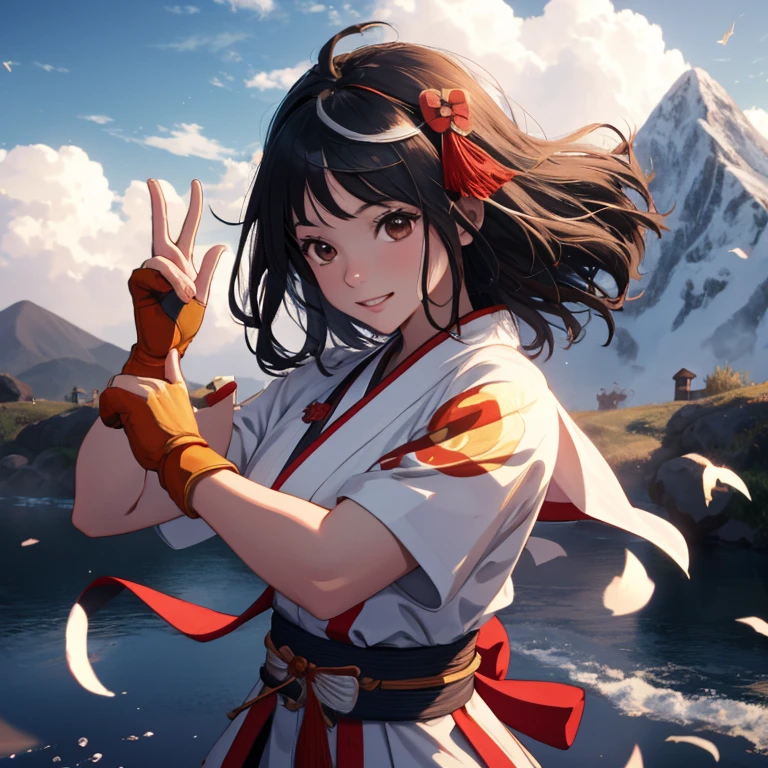 masterpiece, 4K，８K，highest quality,1 girl, red bow, bow, long hair, hair bow, Ainu attire, alone, hair band, bird, black hair, fingerless gloves, short sleeve, gloves, sash,, bangs, red hair band, arms,  brown eyes, white ，Wearing an aura,fog， kimono, Nakoruru, light smile, art, good composition, fighting stance pose, detailed ， Bokeh, Clouds and mountains background, warrior, Onmyoji style, High resolution, Dramatic lighting and shadows, solar flare, 