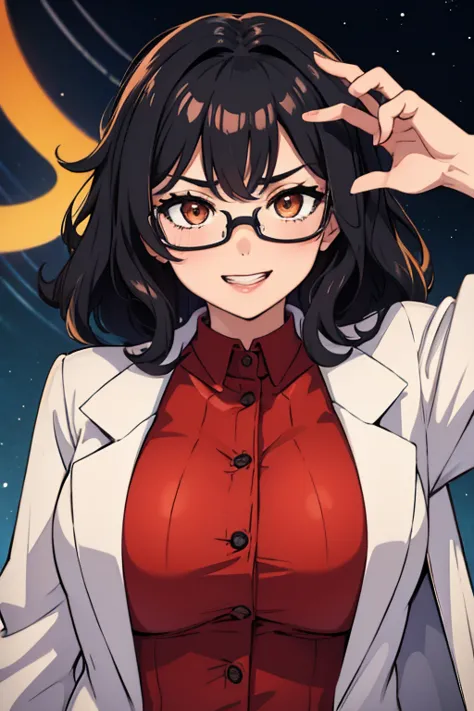 female scientist, black hair, curly hair, medium hair, reddish orange coat, glasses, orange eyes, short, medium sized breast, gr...