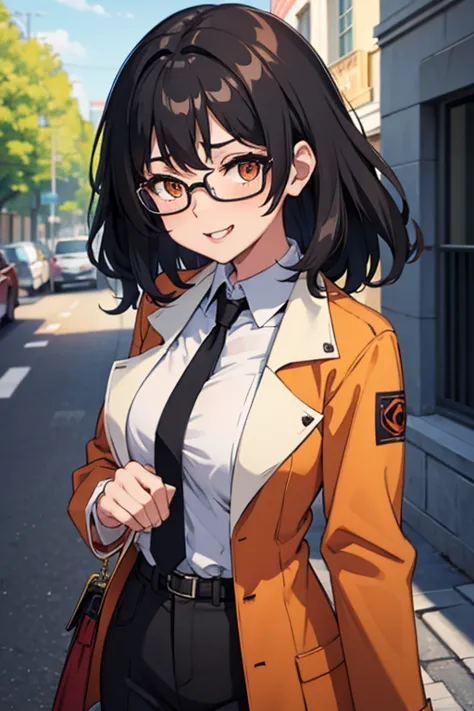 female scientist, black hair, curly hair, medium hair, reddish orange coat, glasses, orange eyes, short, medium sized breast, gr...