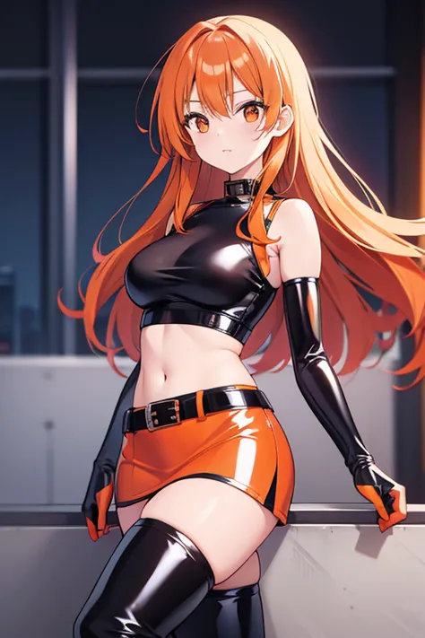 a beautiful woman with orange hair, a tight black latex miniskirt, a midriff top, and a pair of boots