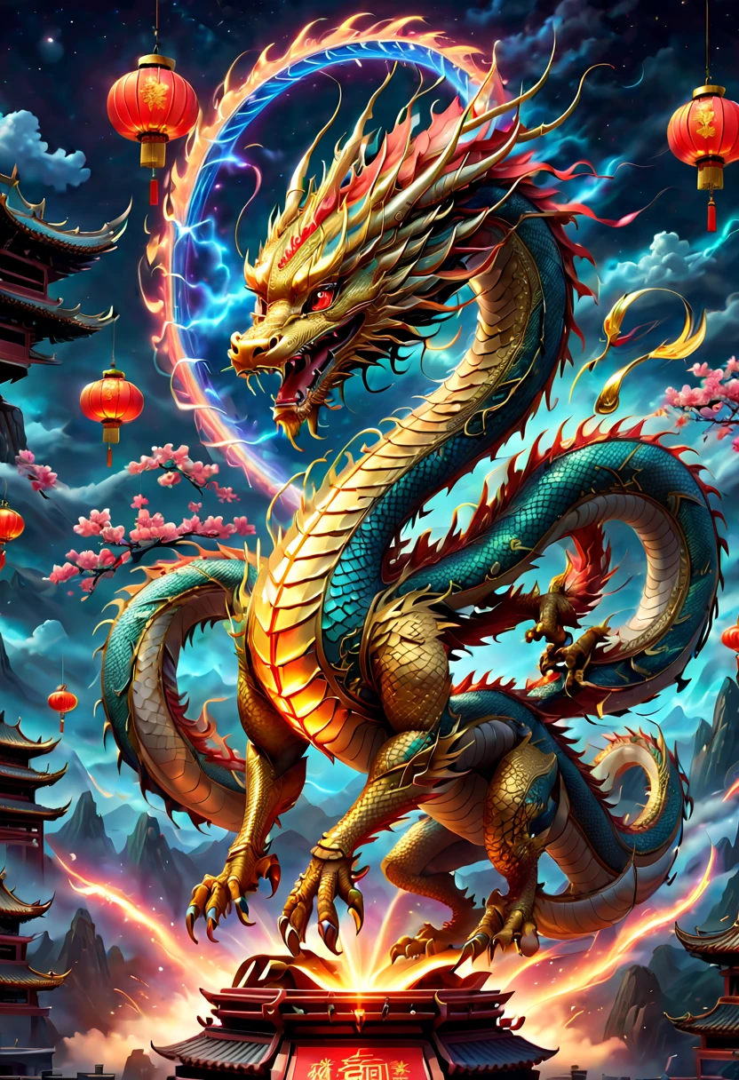 (best quality, 8k, high resolution, masterpiece:1.2), （Super detailed), (Cute futuristic mechanical Chinese Golden Dragon:1.8), (whole body:1.6), (The background is Chinese New Year celebration，moon，Sky，Spring Festival，fireworks，lantern:1.5)，dreamy light，glowing neon light，High-tech mechanical parts, Metal paws, Metal faucet and spout, Metal scales, Very cool, (Metal tail:1.5), Bionic eye, ((Detailed Chinese dragon body scale design，Serpentine body，Anatomically correct)),  suspended in mid-air, (gold and bright red:1.5), Vivid glowing eyes, Reflective metal surface, Interlocking mechanical gears, Dynamic and stylish design, motion blur effect, Meticulous craftsmanship, Sci-fi atmosphere, Streamlined aerodynamic shape, Laser scanning pattern, Holographic projection, Light-emitting circuit lines, unforgettably beautiful, otherworldly precision, Advanced sensors, complex algorithm, Ominous and mysterious atmosphere, electric sparks, Shiny chrome plating, Future advancement system，(Vision:1.6)，concept art, fantasy theme, Volumetric lighting, global illumination, reflection, ultra high definition，The light is bright，RGB color，Vibrant colors, Azure_Dragon
