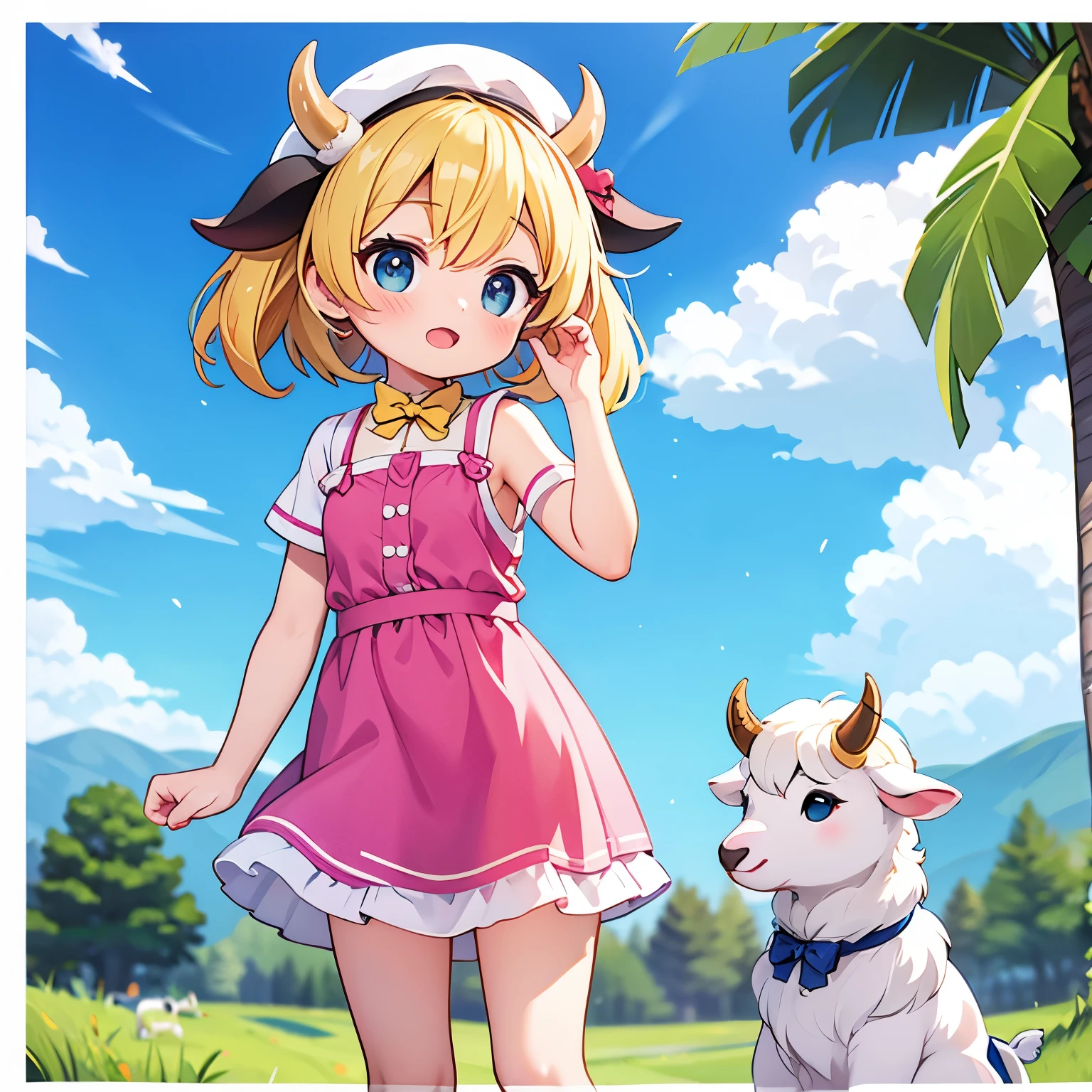 Anime girl in pink dress standing next to a white dog - SeaArt AI