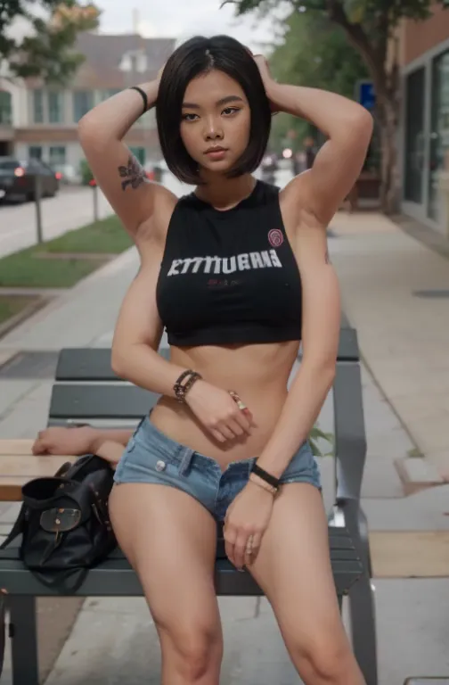 dslr photo, (extraarms:1.2), (8k, 4k, masterpiece),beautiful pretty filipina asian woman, punk, outdoors, street, sleeveless bla...