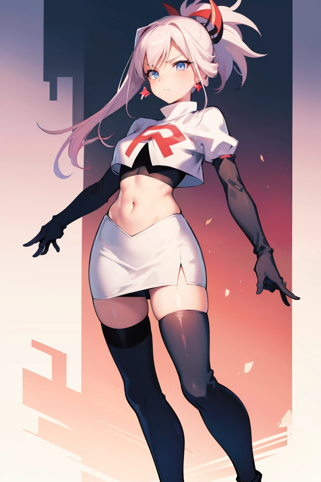 miyamotomusashi, Miyamoto Musashi, asymmetrisches Haar, blaue Augen, Ohrringe, Haarverzierung, pinkes Haar, Pferdeschwanz, Seitenlocken,Team Rocket,Team Rocket uniform, roter Buchstabe R, weißer Rock,weißes bauchfreies Top,schwarze Strümpfe,schwarze Ellbogenhandschuhe