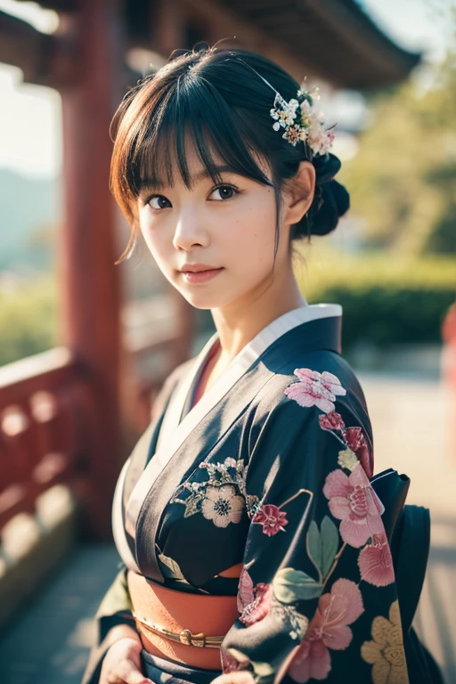 photography realistic, women model full body, Wear a kimono, standing in front of Sensoji Temple (RAW photo:1.2), (photorealistic:1.4), shot by Sony alpha 7 iv, 85mm lens, f/1.4, ISO 100, (masterpiece:1.2), (intricate detailed), (best quality:1.2), (professional photography), (realistic:1.5), (soft light:1.3), (defuse lighting:0.7), (ambient lighting:0.6), (rim lighting,:1.2), fine textures, (depth of field:1.2), (bokeh:1.2), (face focus:1.5), film overlay, film grain,