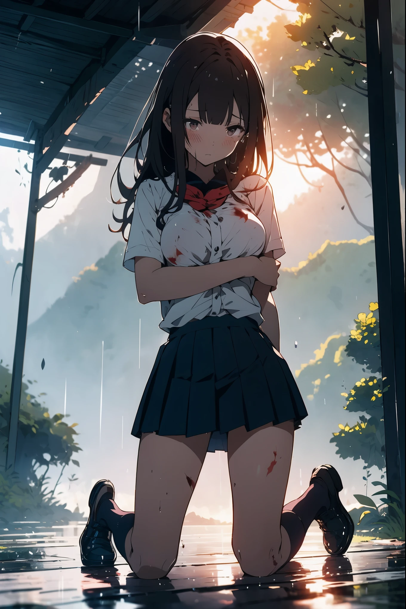 Anime girl standing in the rain with her arms crossed - SeaArt AI