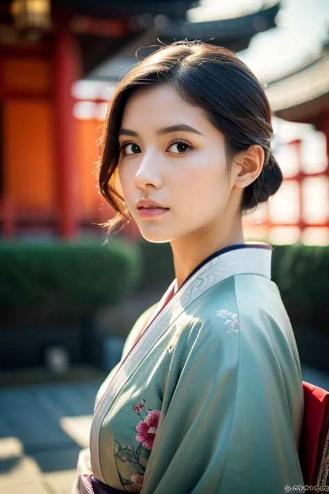 photography realistic, full body, women model, Wear a kimono and pose with a straight face, In front of Sensoji Temple, Japan, (...