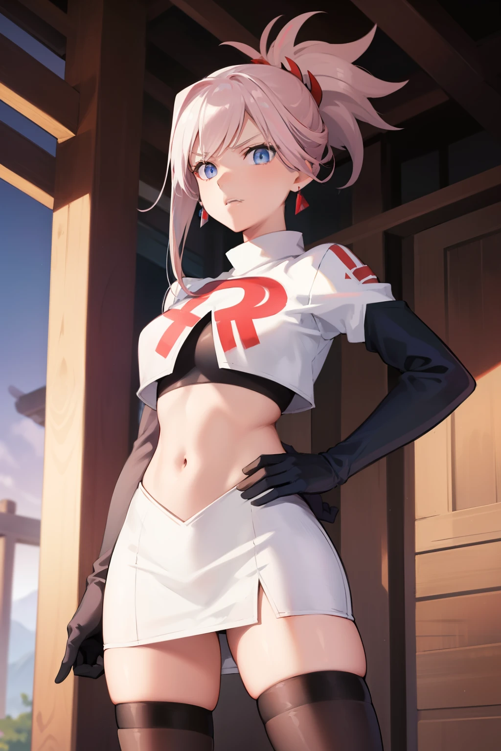 miyamotomusashi, Miyamoto Musashi, asymmetrisches Haar, blaue Augen, Ohrringe, Haarverzierung, pinkes Haar, Pferdeschwanz, Seitenlocken,Team Rocket,Team Rocket uniform, roter Buchstabe R, weißer Rock,weißes bauchfreies Top,schwarze Strümpfe,schwarze Ellbogenhandschuhe