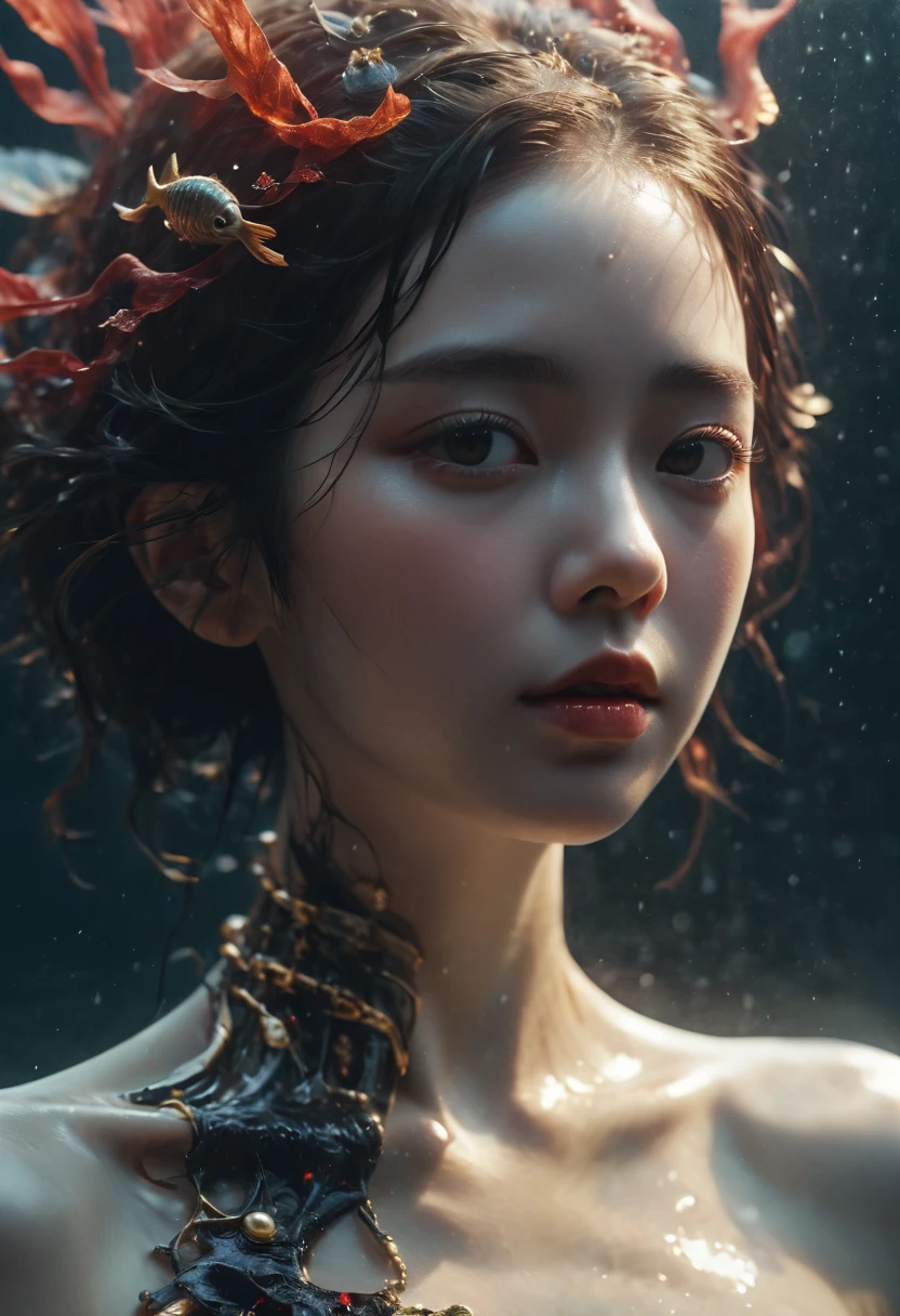 photo RAW, (Black and red : full body picture of a ghostly girl laying in the sea, the sea is black color, bird view, gold and black fishes around, pearls in the sea, highly detailed, intricate motifs, by Android jones, Januz Miralles, Hikari Shimoda, perfect composition, smooth, sharp focus, sparkling particles, Realistic,realism, hd, 35mm photograph, 8k), masterpiece, award winning photography, natural light, perfect composition, high detail, hyper realistic cinematic photo art RAW bird view of a girl in a white dress floating in the sea, blabk colored sea, waterdrops, divine, glass skeleton, skinless:3, biomechanical details, (black sea background), natural lighting, style of h. r. giger,(sharp focus, hyper detailed, highly intricate), . Extremely high-resolution details, photographic, realism pushed to extreme, fine texture, incredibly lifelike,35mm photograph,film,bokeh,professional,4k,
