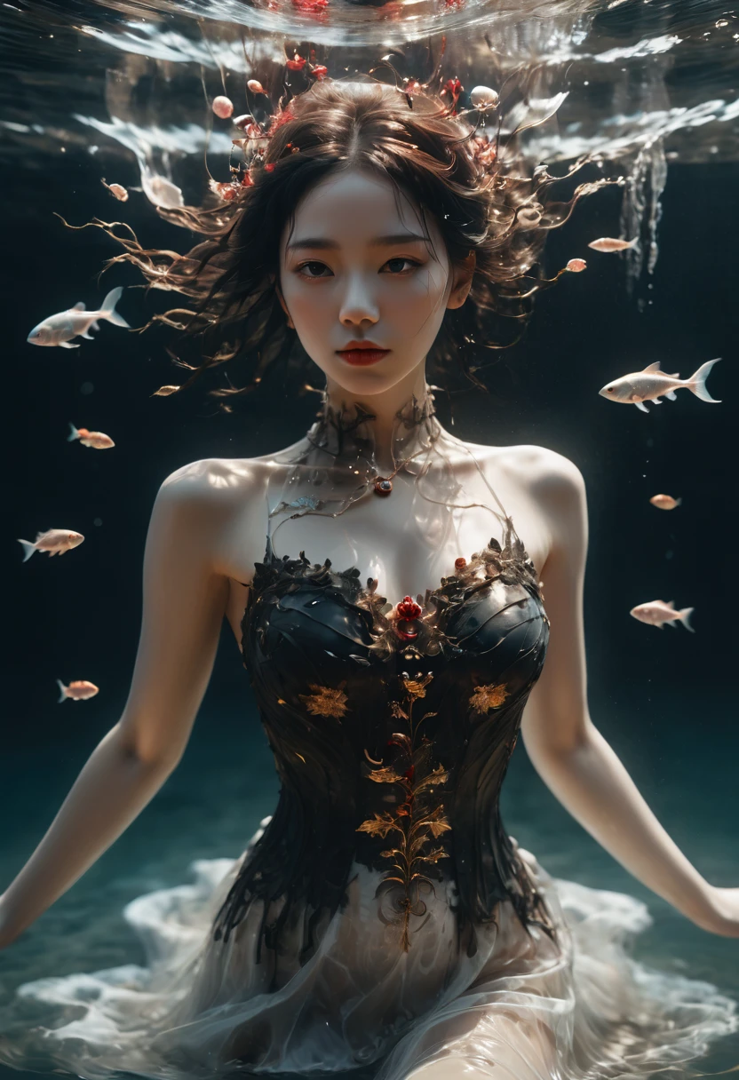 Foto CRUDA, (negro y rojo : Imagen de cuerpo completo de una niña fantasmal tirada en el mar., el mar es de color negro, Vista de pájaro, peces dorados y negros alrededor, perlas en el mar, muy detallado, motivos intrincados, by Android jones, Januz Miralles, Hikari Shimoda, composición perfecta, Liso, enfoque nítido, partículas brillantes, Realista,realism, alta definición, fotografía de 35 mm, 8K), obra maestra, fotografía premiada, luz natural, composición perfecta, Alto detalle, hyper realistic cinematic photo art RAW Vista de pájaro of a girl in a white dress floating in the sea, mar de color negro, gotas de agua, divino, esqueleto de vidrio, sin piel:3, detalles biomecánicos, (fondo del mar negro), luz naturaling, Estilo de H. r. giger,(enfoque nítido, hiper detallado, muy complejo), . Detalles de extremadamente alta resolución, Fotográfico, realismo llevado al extremo, textura fina, increíblemente realista,fotografía de 35 mm,película,bokeh,Profesional,4k,
