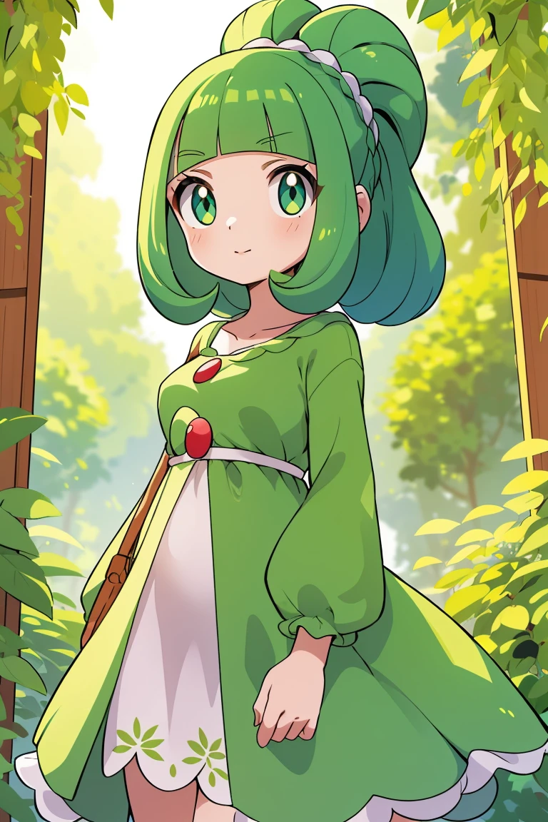 Obra de arte, Melhor_qualidade, 1 meninas, apenas, Guarda,  Pokémon \(criatura\), cabelo verde, Olhos vermelhos, vestido de empregada, vila