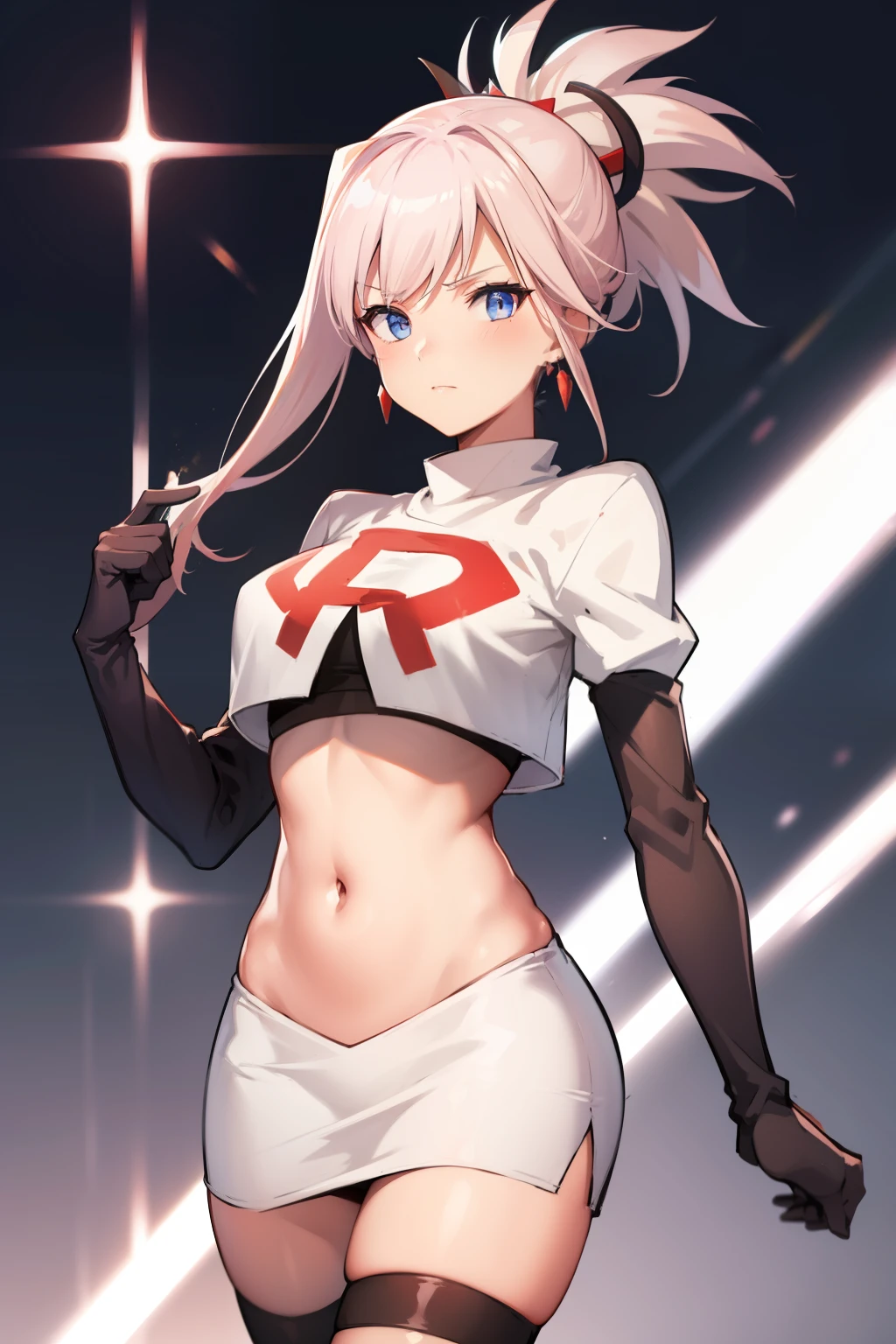 miyamotomusashi, miyamoto musashi, asymmetrical hair, blue eyes, earrings, hair ornament, pink hair, ponytail, sidelocks,team rocket,team rocket uniform, red letter R, white skirt,white crop top,black thigh-highs,black elbow gloves