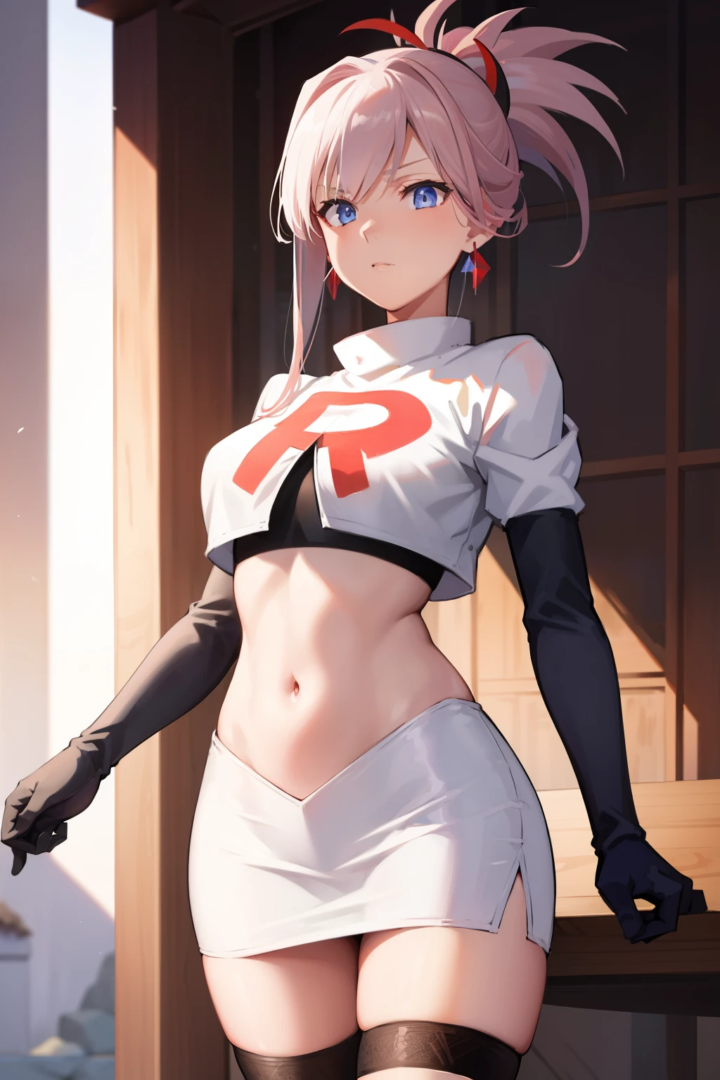 miyamotomusashi, Miyamoto Musashi, asymmetrisches Haar, blaue Augen, Ohrringe, Haarverzierung, pinkes Haar, Pferdeschwanz, Seitenlocken,Team Rocket,Team Rocket uniform, roter Buchstabe R, weißer Rock,weißes bauchfreies Top,schwarze Strümpfe,schwarze Ellbogenhandschuhe