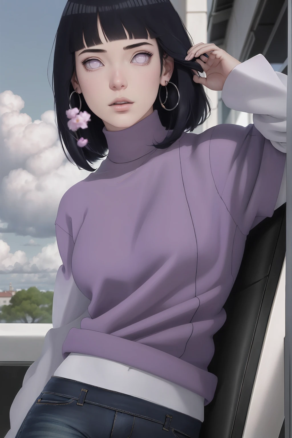 { - anatomy error} (Masterpiece - Ultra-detailed, very high resolution) , absurdos, Hinata\(Boruto\), 1girl, sozinho,Mature female, Capuz roxo,mangas em camadas, jeans, ao ar livre, Cloudy sky, perfect composition, circunstanciado lips, peito grande, beautiful face, body propotion, corar, (pink lips), cabelos pretos curto (black hair), lilac eyes, olhar suave, super realistic, circunstanciado, rosto e corpo realistas, Realistic hair, olhos realistas, nariz realista, realistic lips, with large hoop earrings,  anime. 