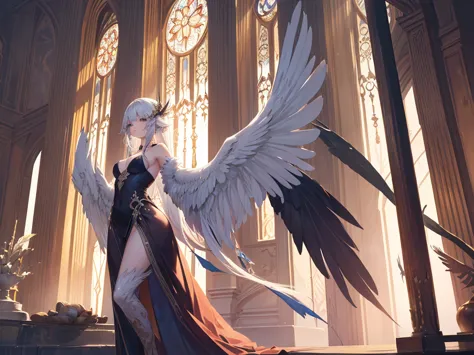 In a mesmerizing artistic portrayal, a stunningly alluring harpy gracefully unfurls her velvety wings, delicately concealing her...