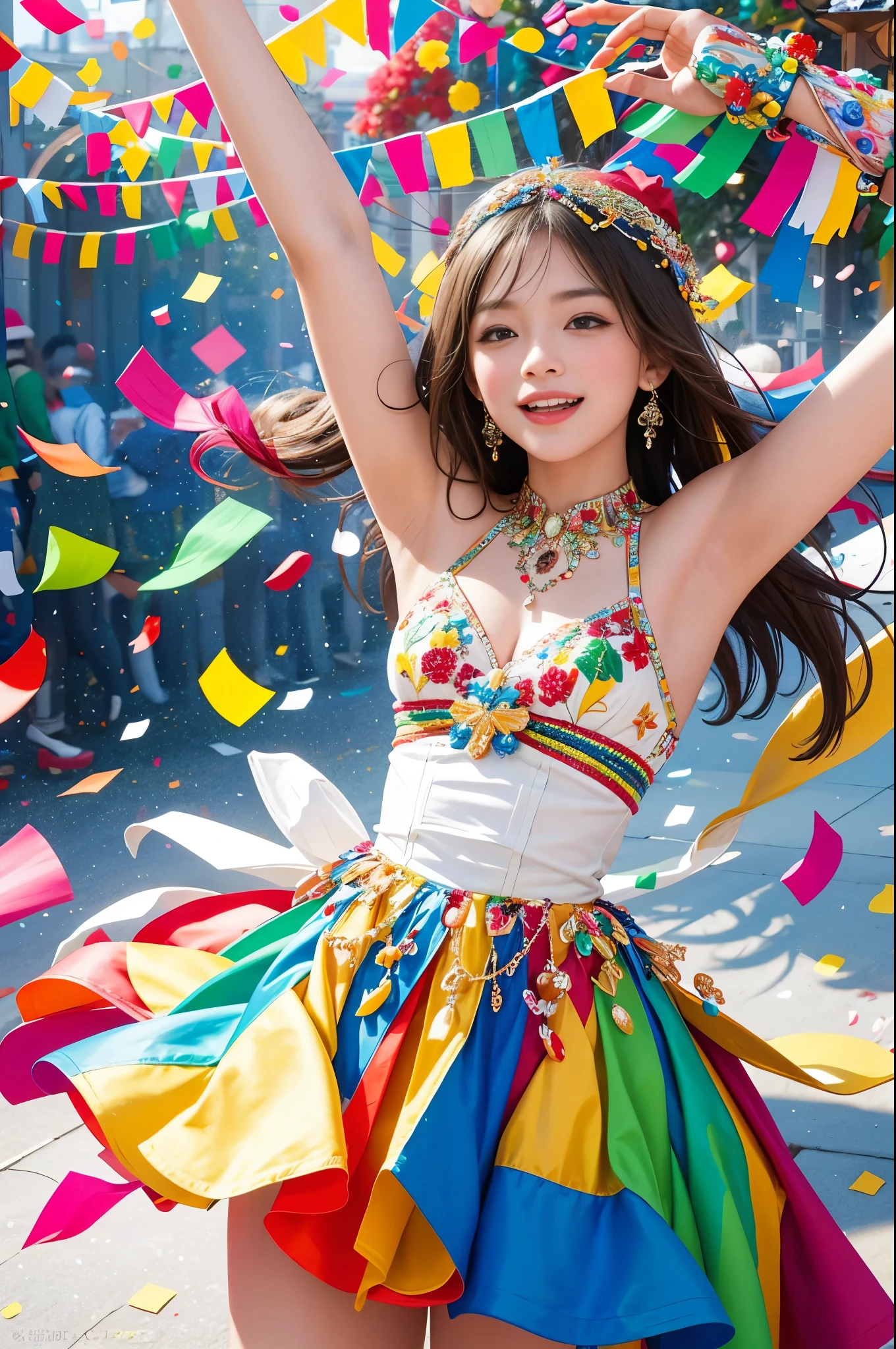 Colorful Confetti: A Scene of Joy and Celebration in Ultra-Detailed, High Definition

Amidst the lively and ecstatic atmosphere, vibrant confetti flutters in the crisp air, dancing gracefully in the soft, warm sunlight. The confetti, a myriad of colors, includes hues of red, orange, yellow, green, blue, indigo, and violet, creating a kaleidoscopic spectacle that illuminates the festive scene. Each confetti piece exhibits intricate patterns and textures, allowing for a mesmerizing detail that shines when captured in the highest quality, ultrahigh definition. This masterpiece of a