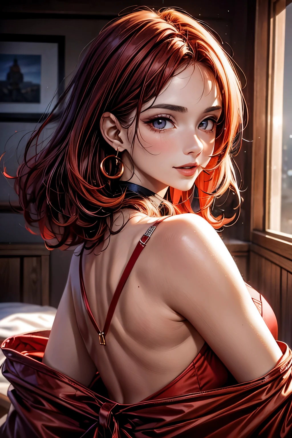 Masterpiece, Best Quality, 1 girl, Alone, 23 years, adult, Fiery red hair, messy hair, asymmetrical hair, passion, Very long hair, ruby eyes, big breasts, toned, 185cm, White skin, fangs, arrogant smile, red and gold robe, magnate, look at the neck,