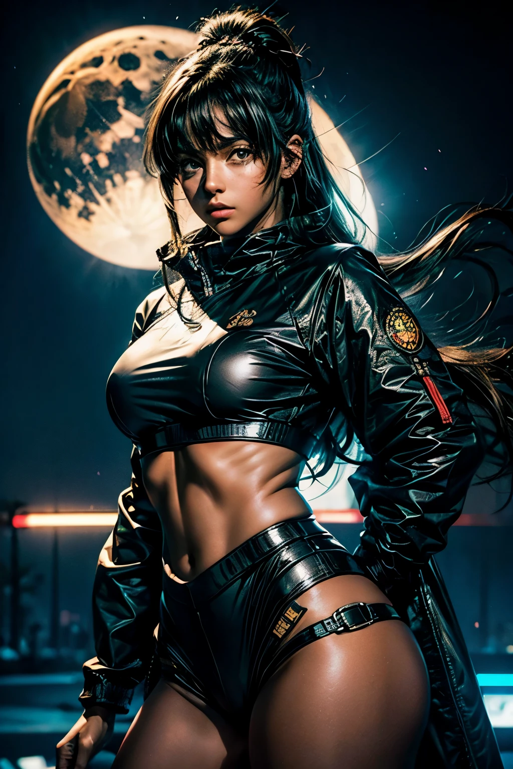 (contraluz,Ombligo:1.1,pelo negro),Una hermosa mujer vestida con uniforme escolar en las bulliciosas calles de Gintama, rodeado de vendedores, Hermoso retrato de una impresionante diosa, hermoso rostro detallado, piel de porcelana, tiro de medio cuerpo, centrado,((luz de la luna,noche,Neones grandes,Strong neon lighting,edge lighting,Two tone lighting))),