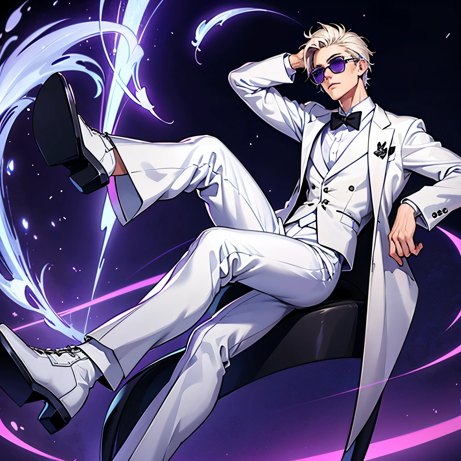 ,male,6'4 tall,ice-cold purple eyes,short platinum blonde hair, cocky attitude,white tuxedo sunglasses,(mechanical right arm 1:1),black boots,indigo lighting