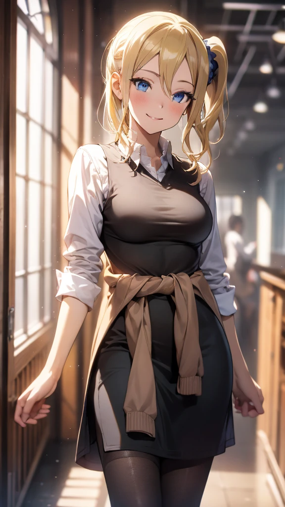 High resolution 8K, aihayasakav4, peace fingers, Anime style, Film Portrait Photography, smile, 1girl, solo, hayasaka ai, blue eyes, blonde hair, black school uniform, white shirt, cardigan around waist, blue scrunchie, standing, indoors, hallway, smile, (Natural skin texture Vibrant details, hyper realistic)