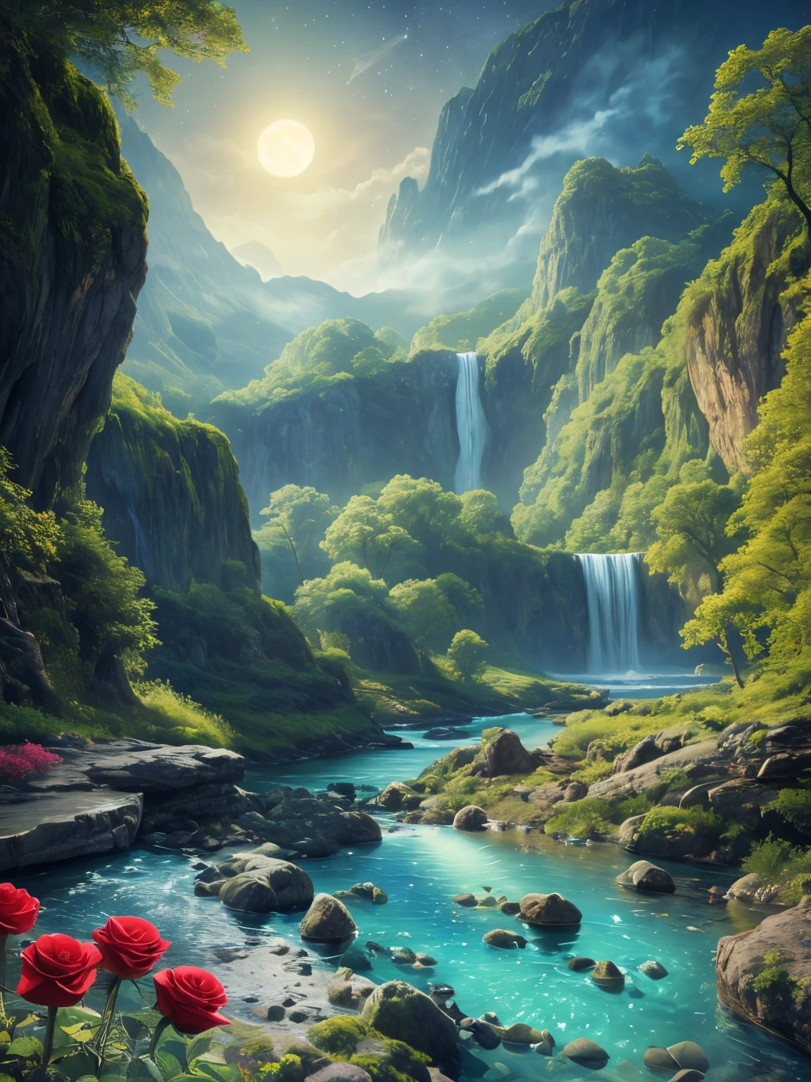 (((masterpiece))), best quality, high quality, extremely detailed CG unity 8k wallpaper, scenery, outdoors, sky, cloud, no people, mountain, landscape, water, tree, blue sky, waterfall, cliff, nature, lake, river, cloudy sky,award winning photography, Bokeh, Depth of Field, HDR, bloom, Chromatic Aberration ,Photorealistic,extremely detailed, trending on artstation, trending on CGsociety, Intricate, High Detail, dramatic, art by midjourney, tall waterfall, painting of a river with rocks and trees in the foreground, por Martinus Rørbye, por Adolf Hölzel, por Adolf Schrödter, by Karl Otto Götz, por Vilhelm Lundstrom, by Antón Otto Fischer, by Joseph von Führich, por Carl Eugen Keel, por Adolf Born, near a river, landscape, jungle, waterfall, crystal clear water, night light,((full moon)), colorful, river with rocks, rock bridge, epic, fantasy, ((roses and flowers on the banks of the pond)), ((oil painting)), moon landscape reflected in river, ((rock bridge))