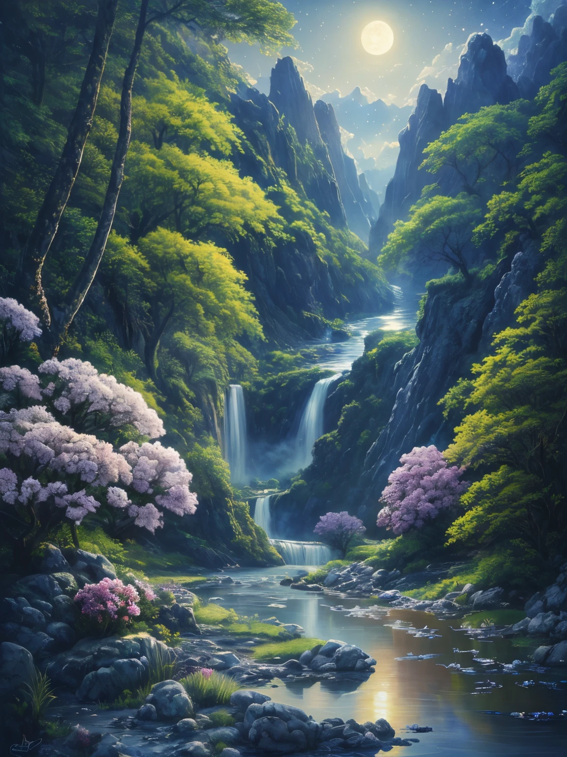 (((masterpiece))), best quality, high quality, extremely detailed CG unity 8k wallpaper, scenery, outdoors, sky, cloud, no people, mountain, landscape, water, tree, blue sky, waterfall, cliff, nature, lake, river, cloudy sky,award winning photography, Bokeh, Depth of Field, HDR, bloom, Chromatic Aberration ,Photorealistic,extremely detailed, trending on artstation, trending on CGsociety, Intricate, High Detail, dramatic, art by midjourney, tall waterfall, painting of a river with rocks and trees in the foreground,  near a river, landscape, jungle, waterfall, crystal clear water, night light,((full moon)), colorful, river with rocks, rock bridge, epic, fantasy, ((roses and flowers on the banks of the pond)), ((oil painting)), moon landscape reflected in river, ((rock bridge))