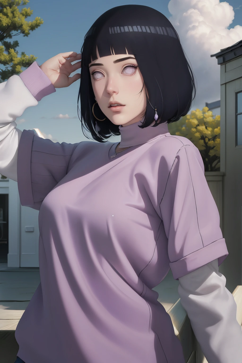 { - anatomy error} (Masterpiece - Ultra-detailed, very high resolution) , absurdos, Hinata\(Boruto\), 1girl, sozinho,Mature female, Capuz roxo,mangas em camadas, jeans, ao ar livre, Cloudy sky, perfect composition, circunstanciado lips, peito grande, beautiful face, body propotion, corar, (pink lips), cabelos pretos curto (black hair), lilac eyes, olhar suave, super realistic, circunstanciado, rosto e corpo realistas, Realistic hair, olhos realistas, nariz realista, realistic lips, with large hoop earrings,  anime. 