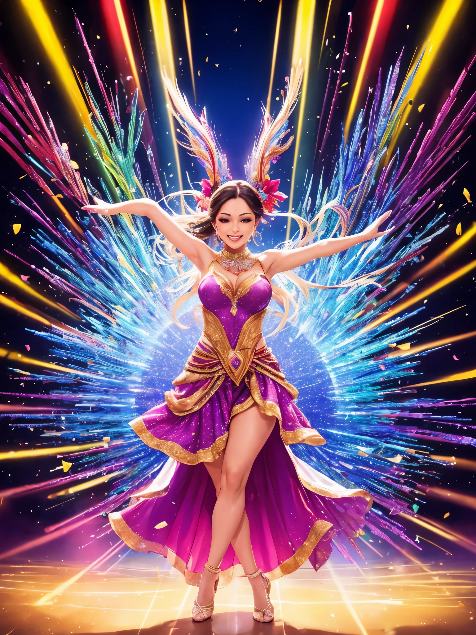 (best quality,4k,8k,highres,masterpiece:1.2),
beautiful girl dancing,colorful confetti,
vibrant colors,flying confetti,
dynamic motion,dancing pose,
long flowing hair,
bright spotlight,shining stage lights,
exhilarating atmosphere,
expressive eyes and smile,
glowing face,
captivating movement,
elaborate costume,
radiant energy,
lively and joyful ambiance,
artistic composition,
evocative emotions,
celebratory mood,
magnificent  scene,
amazing visual spectacle,
vivid and detailed,
impressive celebration,
high-definition clarity,
creative choreography,
stunning performance,
exuberant happiness,
mesmerizing grace,
enthralling elegance,
dazzling visuals,
ethereal beauty,
exceptional talent,
shimmering confetti,
fluid movements,
captivating stage presence,
effortless gracefulness,
festive joy,
enchanting allure,
dynamic lights and colors,
brilliantly choreographed dance,
luxurious atmosphere,
captivating storytelling through dance.