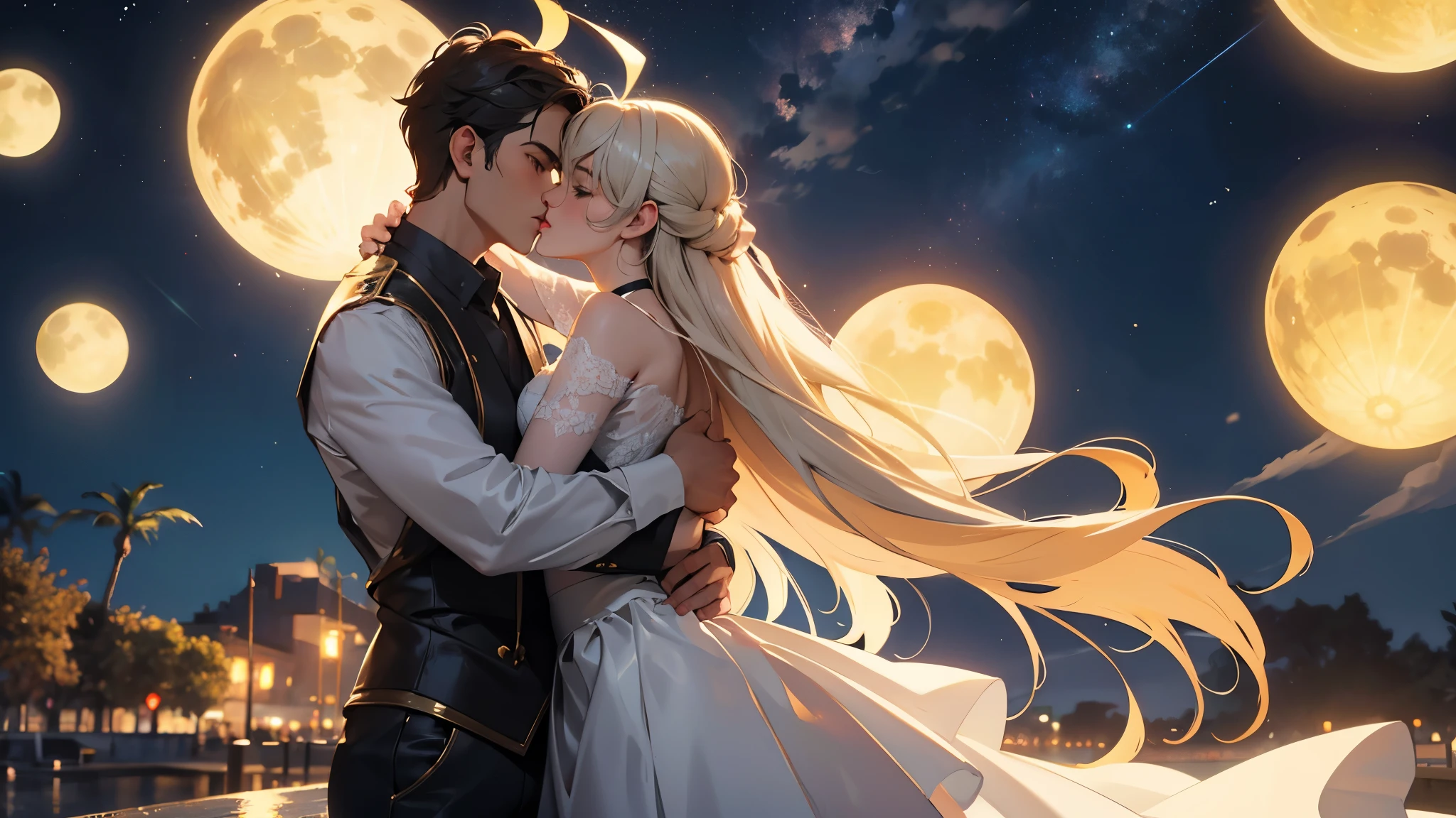 ผู้ชาย 1 คน และผู้หญิง 1 คน, จูบ, ยืน, ใต้แสงจันทร์ในคืนดวงดาว