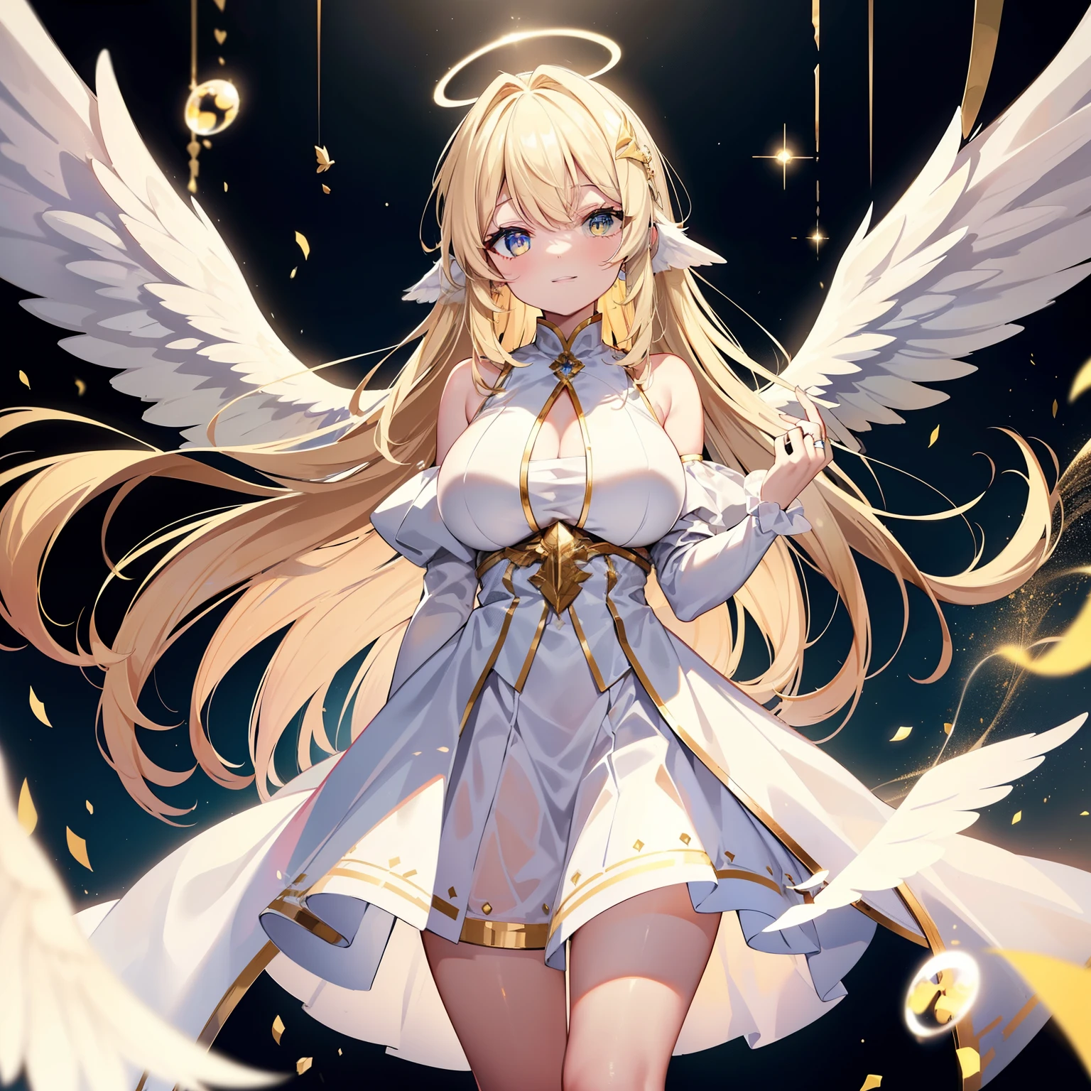 Angel Neutral Girl、(full body shot)、Costume is white、Costume is an angel、(((Overhead Angel Ring)))、black background、blonde、yellow eyes、highly detailed eyes、sharp eyes、big 、big breasts、Bust 100、smile、Eye of Desire、Expression of desire、Look at this、(A large number of shining elementary particles float)、Studded with a large amount of glowing bubbles、(((Very large white wings are attached to the back)))、high quality、High level image quality、super detailed、beautiful scenery、wings must be symmetrical、.Make the wing size symmetrical、Keep the wings large