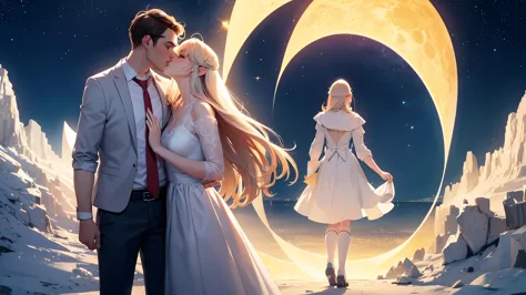 1 homem e 1 mulher, se beijando, standing, sob a luz da lua em uma noite estrelada