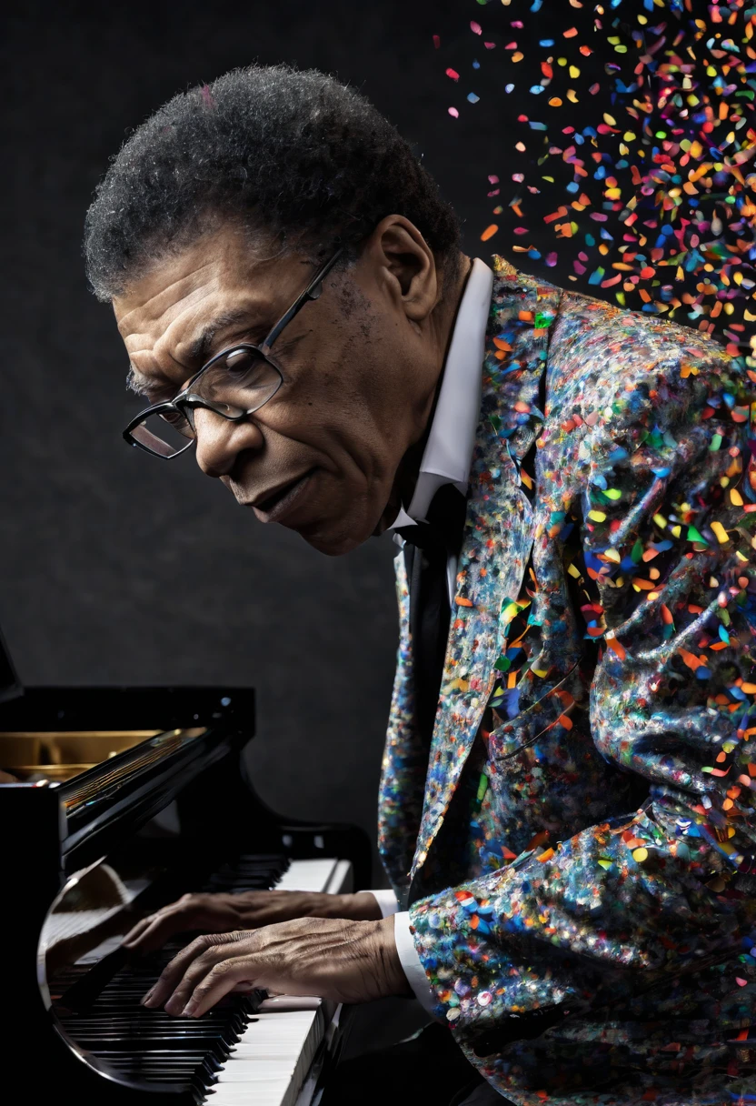 Herbie Hancock plays the piano, Herbie Hancock the great pianist, a dark man, he does not like colored confetti, he is a musician with warm but strong tones at the same time, confetti in the air, musical notes in the air, magical, acion, epic, zentangle, origami