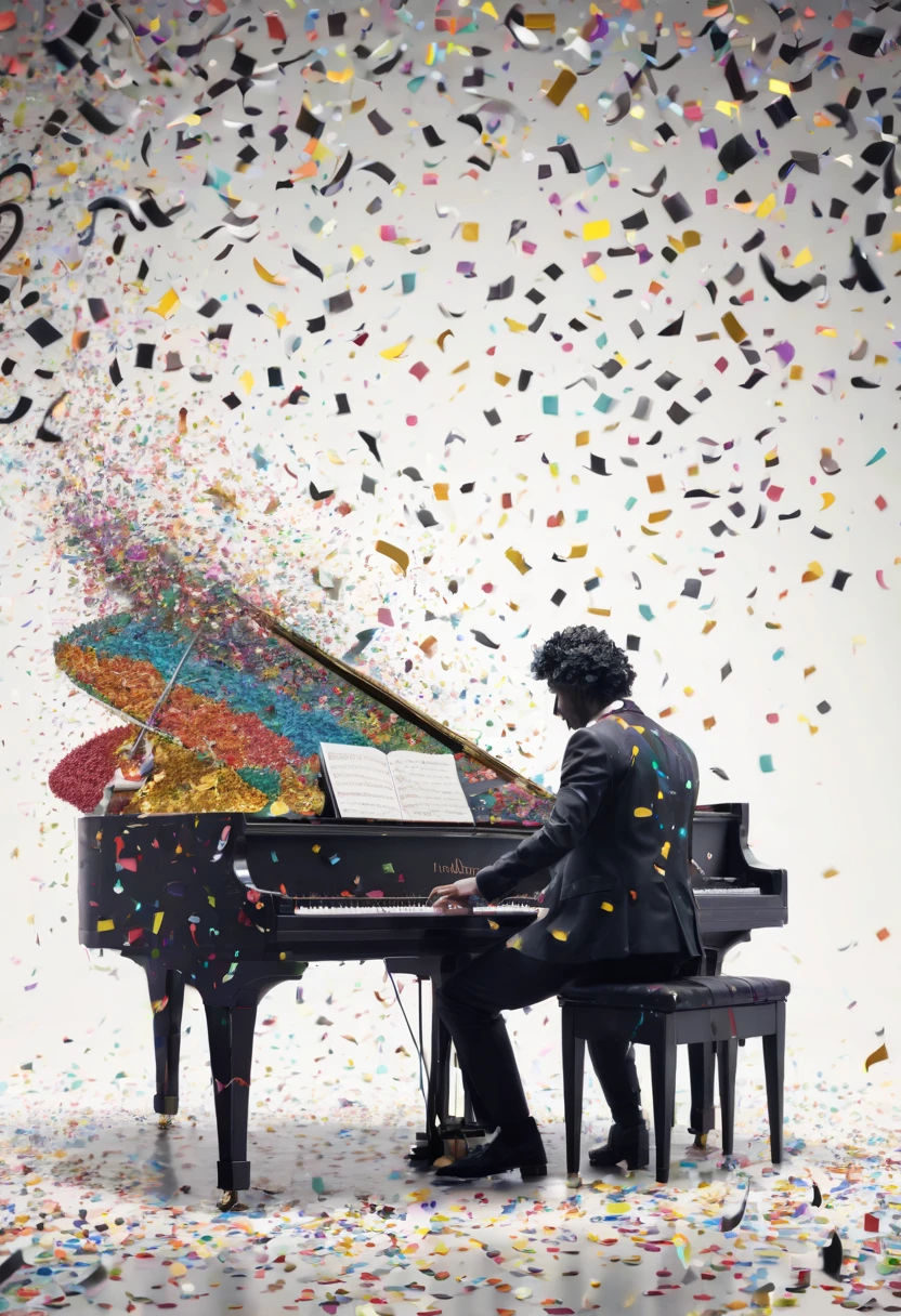 Beethoven plays the piano,the great pianist, a dark man, he does not like colored confetti, he is a musician with warm but strong tones at the same time, confetti in the air, musical notes in the air, magical, acion, epic, zentangle, origami