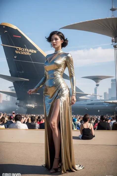 Woman in futuristic dress stands in front of a large crowd of people, large dieselpunk flying airships, dribble, Inspired by Gil...