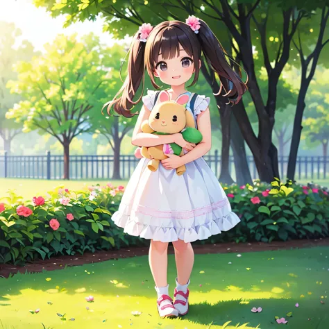 (photorealistic:1.37)、octane rendering、Morning park、Walk with a rabbit doll、Girl has twin tail hairstyle and smiles、Bright color...