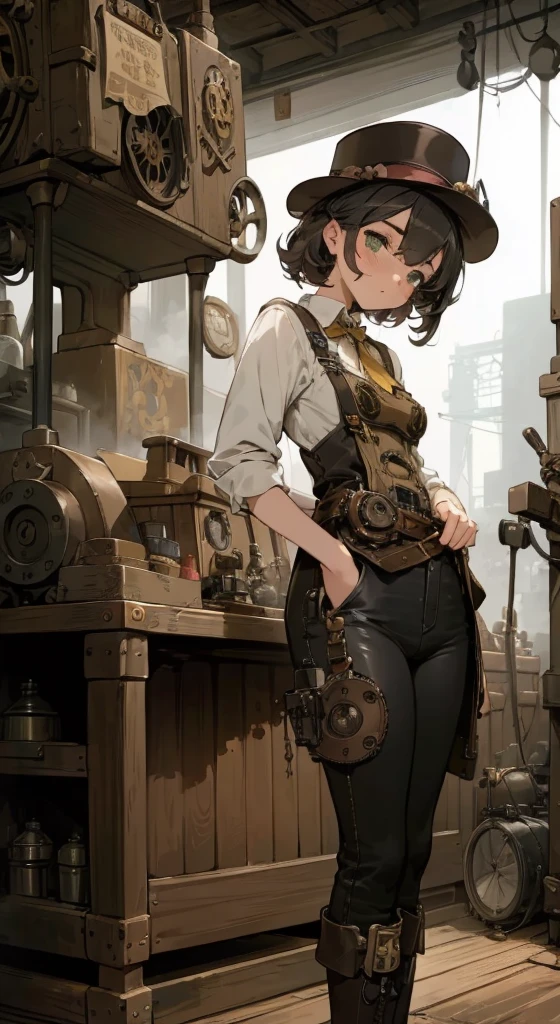 (Best quality, 4k, Masterpiece :1.3), 1girl, (steampunk), scenery, steampunk room engine, repairing engine, gears, cogs, steam, boots, overalls, goggles, dirty face, standing, machinery, oil on floor, dirty floor,