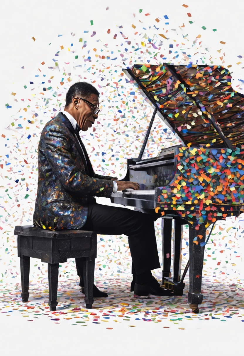 Herbie Hancock plays the piano, Herbie Hancock the great pianist, a dark man, he does not like colored confetti, he is a musician with warm but strong tones at the same time, confetti in the air, musical notes in the air, magical, acion, epic, zentangle, origami