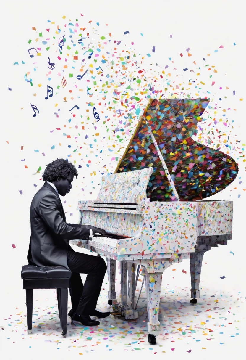 Beethoven plays the piano,the great pianist, a dark man, he does not like colored confetti, he is a musician with warm but strong tones at the same time, confetti in the air, musical notes in the air, magical, acion, epic, zentangle, origami