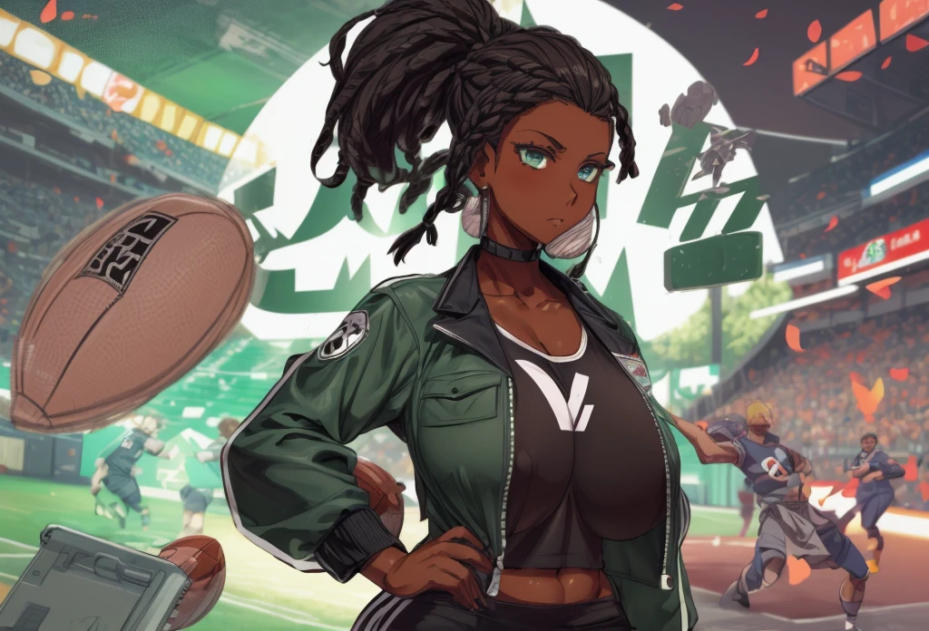 (masterpiece, top quality, best quality,official art, beautiful and aesthetic:1.2),anime drawing of an dark skin woman with a black braids and a black shirt((cool football logo)), wearing brown sports jacket halfbody headshot, sports fan girl, single braid hairstyle, short hair, green eyes, big breasts, huge breasts, football stadium background 