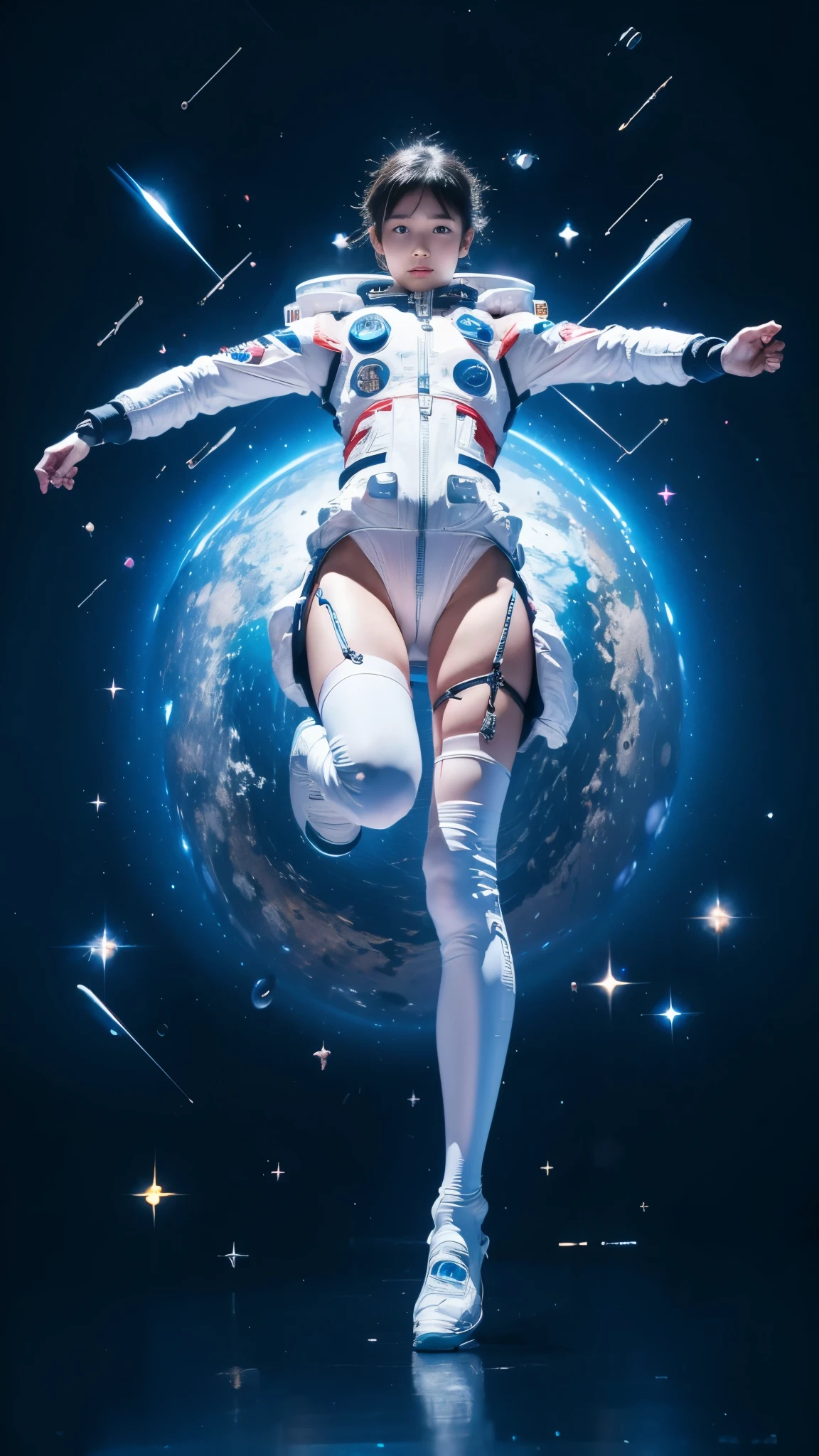 high resolution, ultra-detailed, 1girl, in spacesuit, seen from above, cosmic space, floating, satellite, running pose, Look at the audience, sparkling, space background, meat leg, white stockings, full-body shot, (masterpiece:1.4), 8K