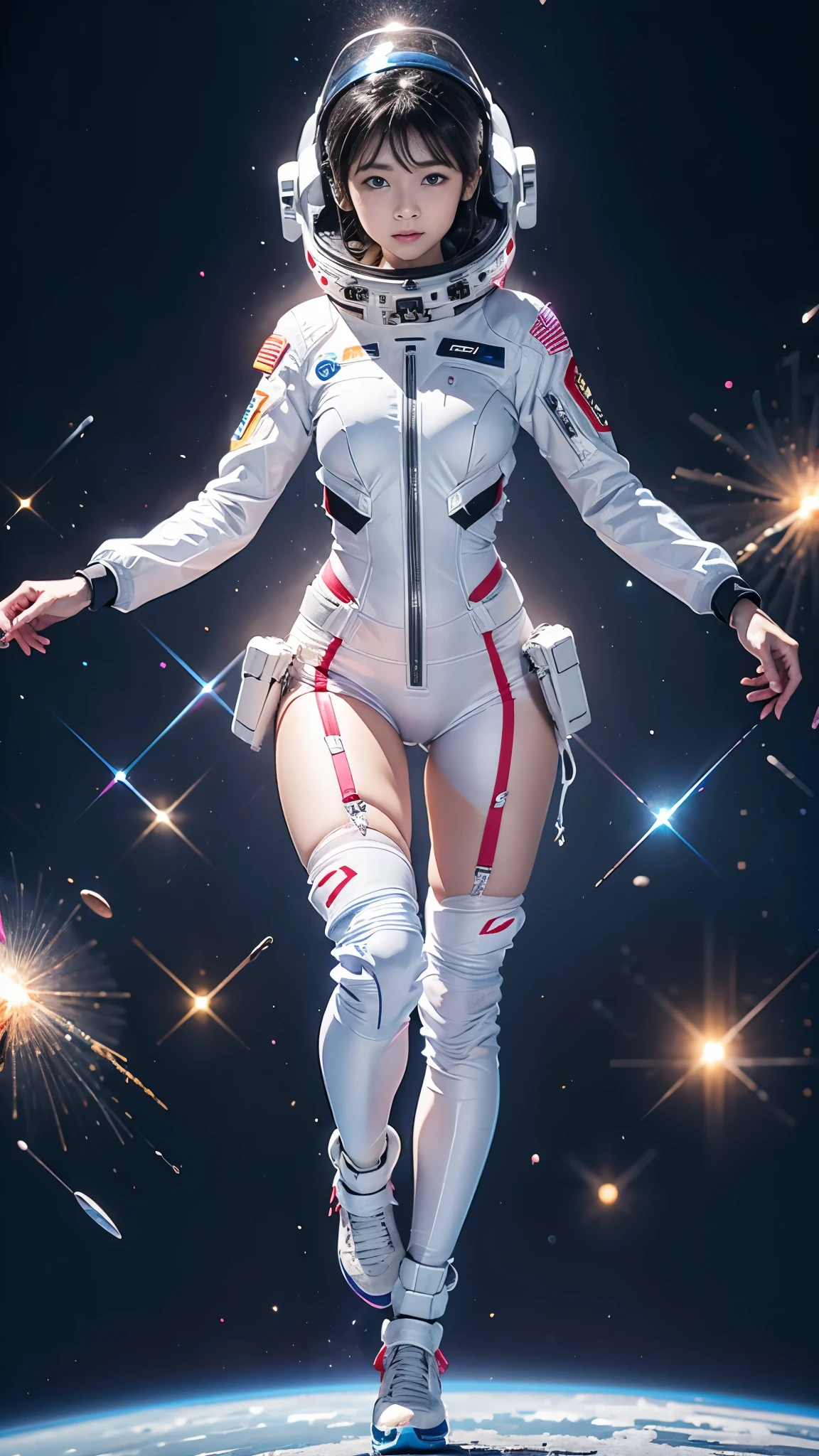 high resolution, ultra-detailed, 1girl, in spacesuit, seen from above, cosmic space, floating, satellite, running pose, Look at the audience, sparkling, space background, meat leg, white stockings, full-body shot, (masterpiece:1.4), 8K