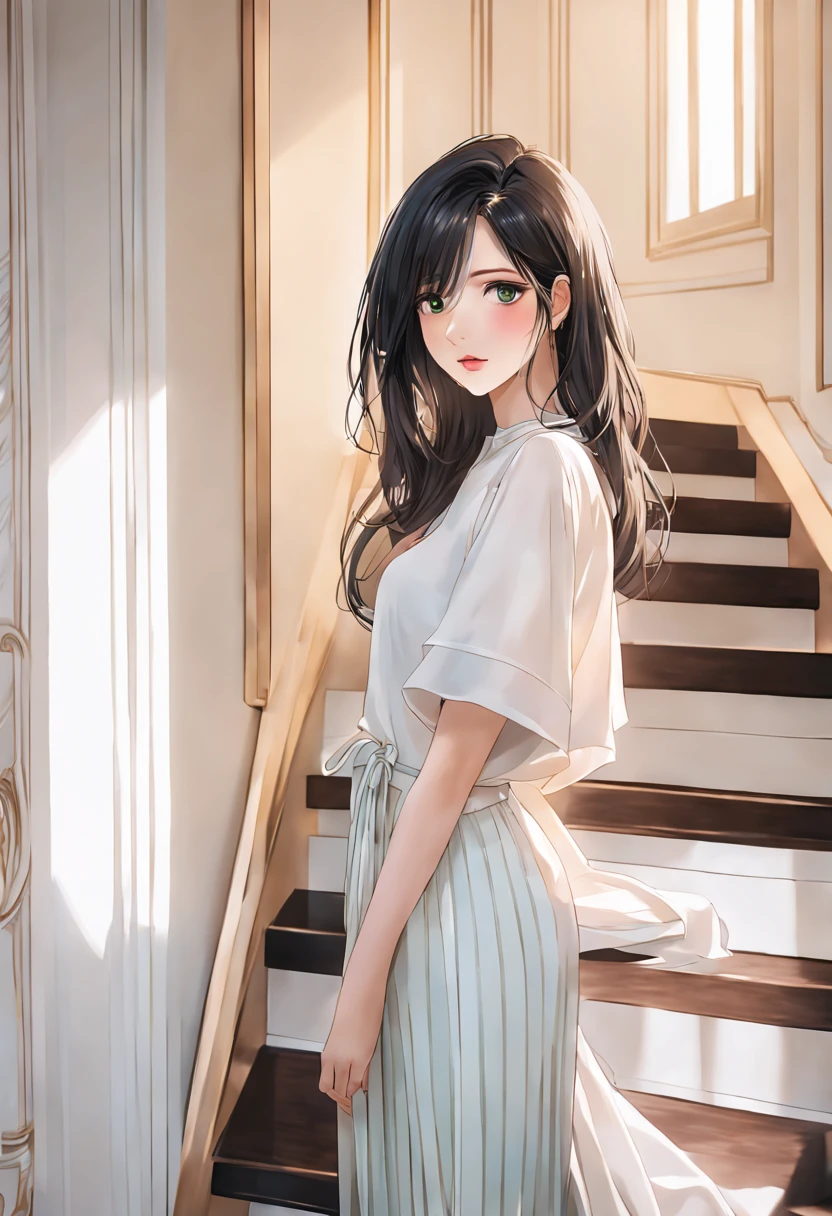 Masterpiece, best quality, 16k, realistic, a 20 year old young woman standing on the stairs, home, open lips, speaking, white temperament brand clothes, eye details, anime style, ,Black hair, Green eyes，，Korean luxurious room, harmonious colors, soft light